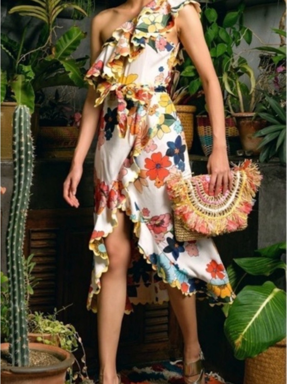 CeliaB White One-Shoulder Floral Ruffle Midi Dress